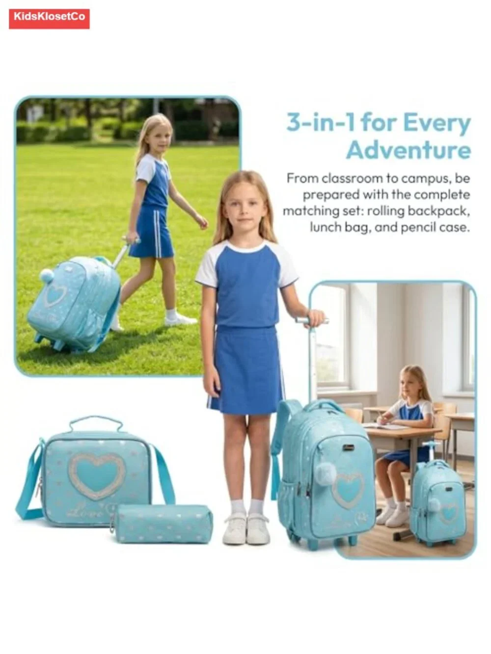 Kids Rolling Backpack with Wheels, Nylon Trolley School Bag for Girls, 3-in-1